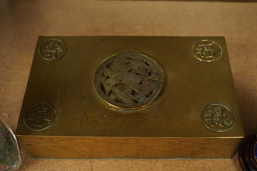 A Chinese brass and bowenite inset box, a cloisonné enamel miniature vase, and an inside painted snuff bottle, largest 15cm wide